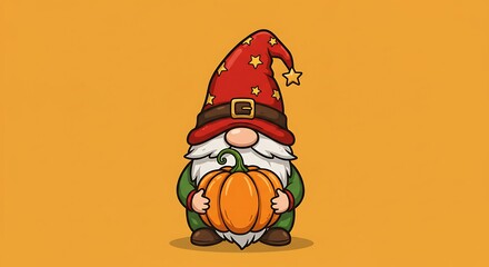 Adorable cartoon gnome with a red hat holding a round orange pumpkin on a background