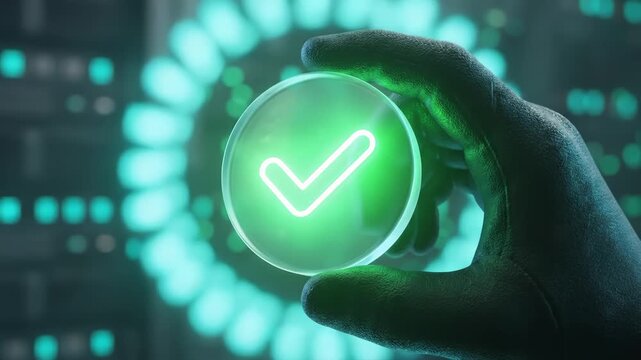 Hand Holds Approval Symbol in Front of Server Racks, Validation Concept