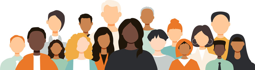 Different people stand side by side together. Crowd concept.