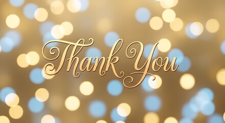 Golden 'Thank You' text on a blurred background of blue and gold bokeh lights