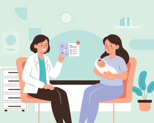 Flat vector illustration of a pediatrician discussing a baby's vaccination record with a mother holding her infant. Friendly healthcare scene for immunization and child health topics.