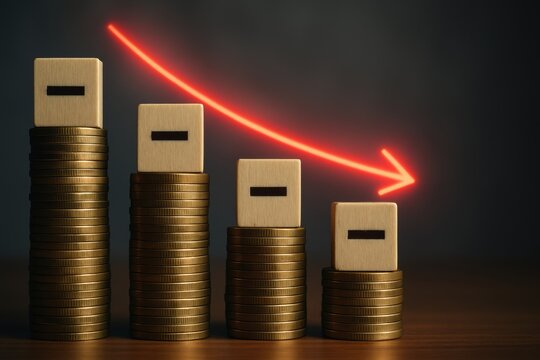 Gold coin stack financial decline decreasing profit economic downturn negative growth business loss investment risk money decrease red arrow