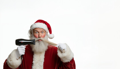 Santa Claus with a playful expression, holding a hairdryer to his beard, wearing a traditional red suit and hat, creating a humorous holiday scene with festive cheer