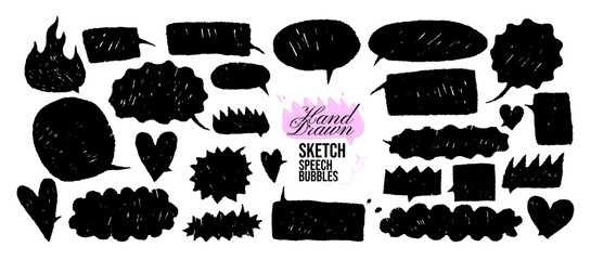 Black crayon drawn sketch speech bubble set. Punk comic heart, flame, cloud shapes with rough black chalk pen texture for text emphasis and highlighting. Funky freehand talk balloon text boxes.