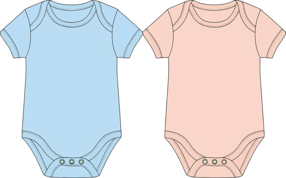 Two plain short-sleeved baby bodysuits in blue and pink, featuring snap closures for easy changing, ideal for infants.