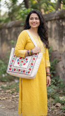 Sustainable Lifestyle Concept with Handcrafted Textile Bag and Indian Woman generative ai