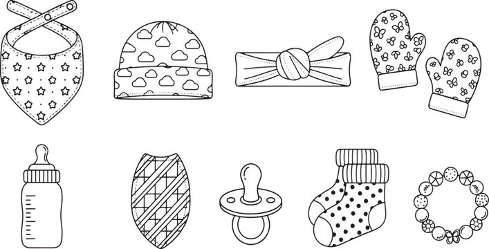Black and white outline illustrations of various baby accessories including bibs, hats, mittens, a bottle, pacifier, socks, and a headband.