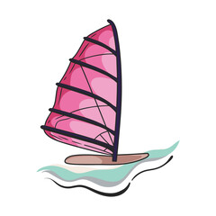 Windsurfing board with pink sail in ocean waves summer marine water sport cartoon vector