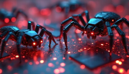 Fototapeta premium Mechanical spiders with glowing red eyes crawl on a circuit board. Tiny robots advance across a digital network, symbolizing cyber threats and data breaches.