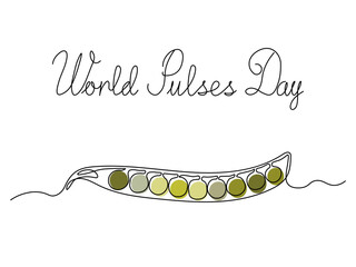 World Pulses day. Greeting card. Abstract pod of green peas, continuous single one line art hand drawing sketch logo on white background