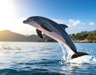 Fototapeta premium A dolphin leaps joyfully from the ocean, sunlit and majestic