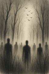 Dark Forest with Shadow Figures and Birds (Psychological Horror)