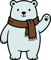 Cute Cartoon Polar Bear Waving Hello in Winter Scarf