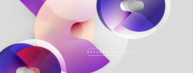 Abstract shapes overlap, creating soft gradients. Purple, pink hues dominate light background. Modern design element.