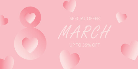 Advertising banner with information about discounts in honor of International Women's Day and March 8th.