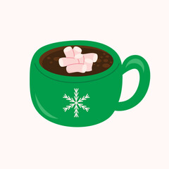 Hot cocoa with marshmallows in a green cup decorated with a snowflake. A traditional winter drink.