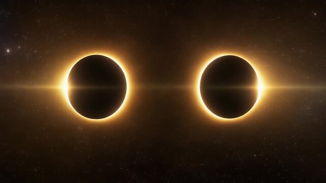 A double solar eclipse phenomenon with two silhouetted celestial bodies.