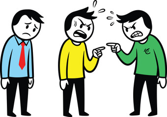 Obraz premium Cartoon illustration of a heated argument escalating between four business people in a modern office setting