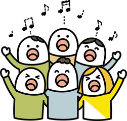 Cheerful cartoon sushi rolls singing together with musical notes floating above their heads on a white background © Kibria