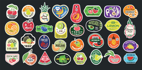 Fruit Produce Labels Vector Set. Trendy Hand Drawn Fruits Illustrations. Tags or Stickers in form of Fruits.