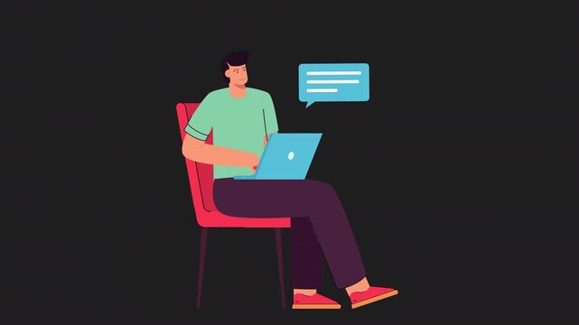 Young Man Using Laptop Sitting Comfortable Chair Online Communication.