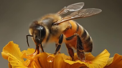 Close up of a honey bee on a yellow flower with droplet