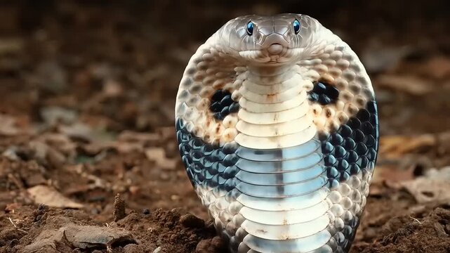 Close up of a cobra snake with detailed textures on an earthy background