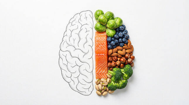 Brain health concept: Half brain drawing, half superfoods (salmon, nuts, berries, broccoli) for cognitive function and mental well-being