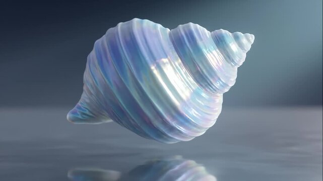 3d Rendered Seashell Rotating Slowly Above Reflective Surface