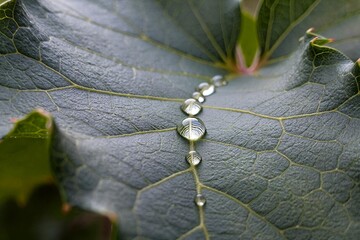 Water Droplets on Green Leaf Vein, Minimal Nature Macro