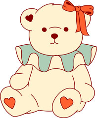 A tender clip art illustration of a vintage teddy bear with a coquette collar, bow, and hearts. A cute and charming isolated graphic design element.