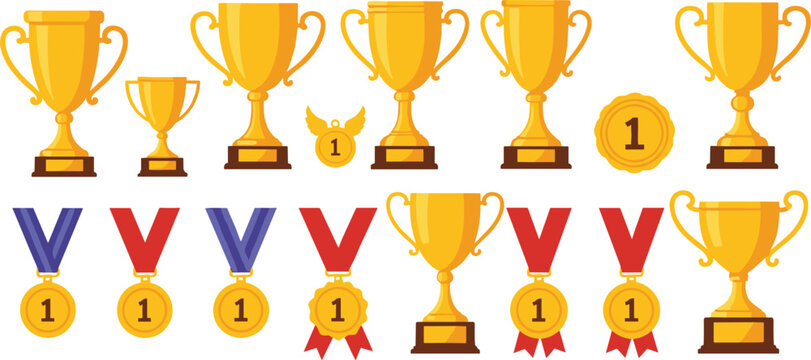 Gold trophy and medal collection with first place awards winner cups championship flat vector illustration set