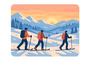 Fototapeta premium At sunrise, skiers glide through a snowy winter landscape beneath a bright, colorful sky, living the dream
