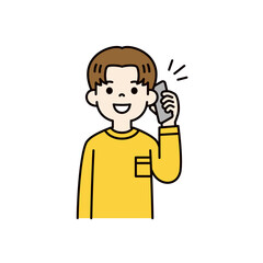 スマートフォンで通話する・話す、若い男性・男子学生の上半身ベクターイラスト素材＿カラー