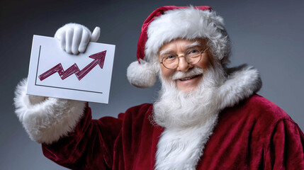 Cheerful elderly man in festive red suit holding a chart with upward trend, showcasing holiday spirit and business success, perfect for seasonal marketing campaigns