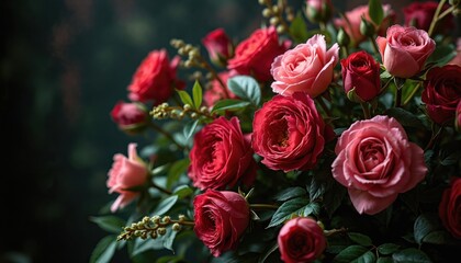 Deep red, soft pink roses bloom intensely against dark foliage. Rich green leaves surround abundant flower heads in dramatic, moody composition. Natural light highlights velvety petals creating
