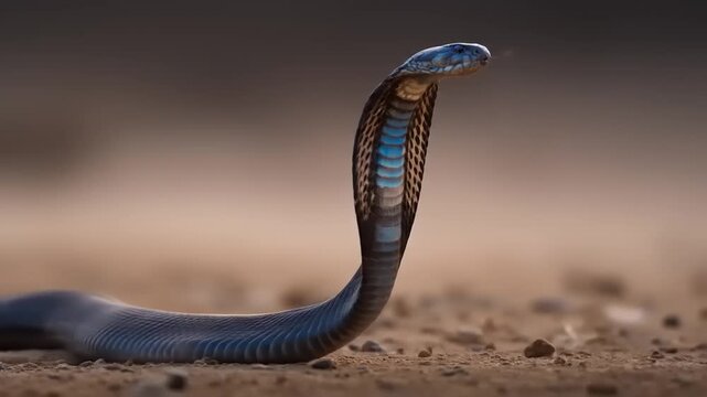 Cobra snake with hood raised against a blurred natural background