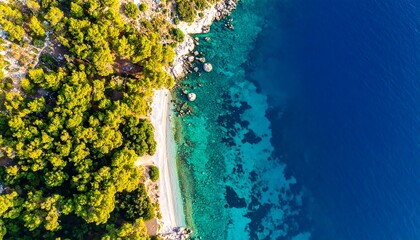Aerial view of a white beach, forest, and turquoise-blue sea with rocky accents along the coast