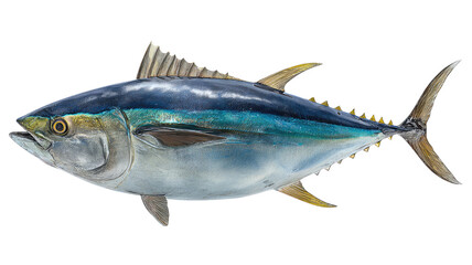 Obraz premium Fresh tuna fish side view with metallic blue silver skin ocean seafood detailed realistic isolated on white background