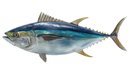 Fresh tuna fish side view with metallic blue silver skin ocean seafood detailed realistic isolated on white background