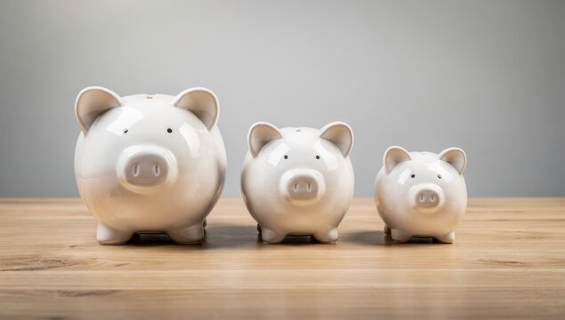 Three White Piggy Banks of Different Sizes on Wooden Table Represents Family Savings, Financial Growth Stages, and Wealth Management