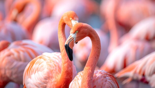 Close-up of two pink flamingos embracing each other amidst a flock - Powered by Adobe
