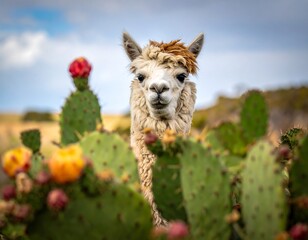 Obraz premium A fluffy alpaca peeks out from behind a vibrant cactus, outdoors