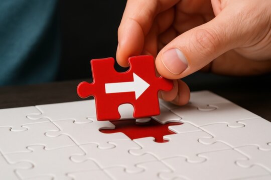 Completion: The hand positions a vibrant red puzzle piece, the direction of progress, indicating strategy and innovation