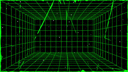 3D wireframe perspective grid room template design vector illustration background. Empty three dimensional virtual room perspective wireframe grid geometric sketch. Cyber virtual line interior frame