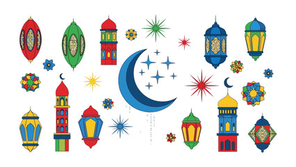 Ramadan Festival Decorations: A vibrant array of festive lanterns, adorned with intricate patterns and glowing with warm light, set against the backdrop of a crescent moon and stars.