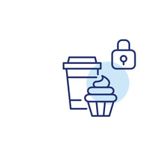 Takeaway cup, cupcake and lock. Cafe loyalty program. Pixel perfect, editable stroke vector icon