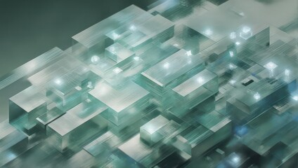 Abstract geometric composition of translucent and metallic blocks with luminous highlights