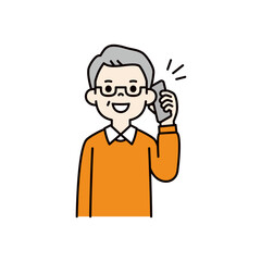 スマートフォンで通話する・話す、おじいさん・祖父・中高年男性のベクターイラスト素材＿カラー