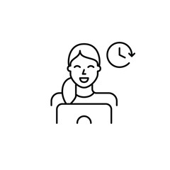 Woman working at laptop and clock. Remote work productivity, freelance schedule and screen time. Pixel perfect, editable stroke vector icon